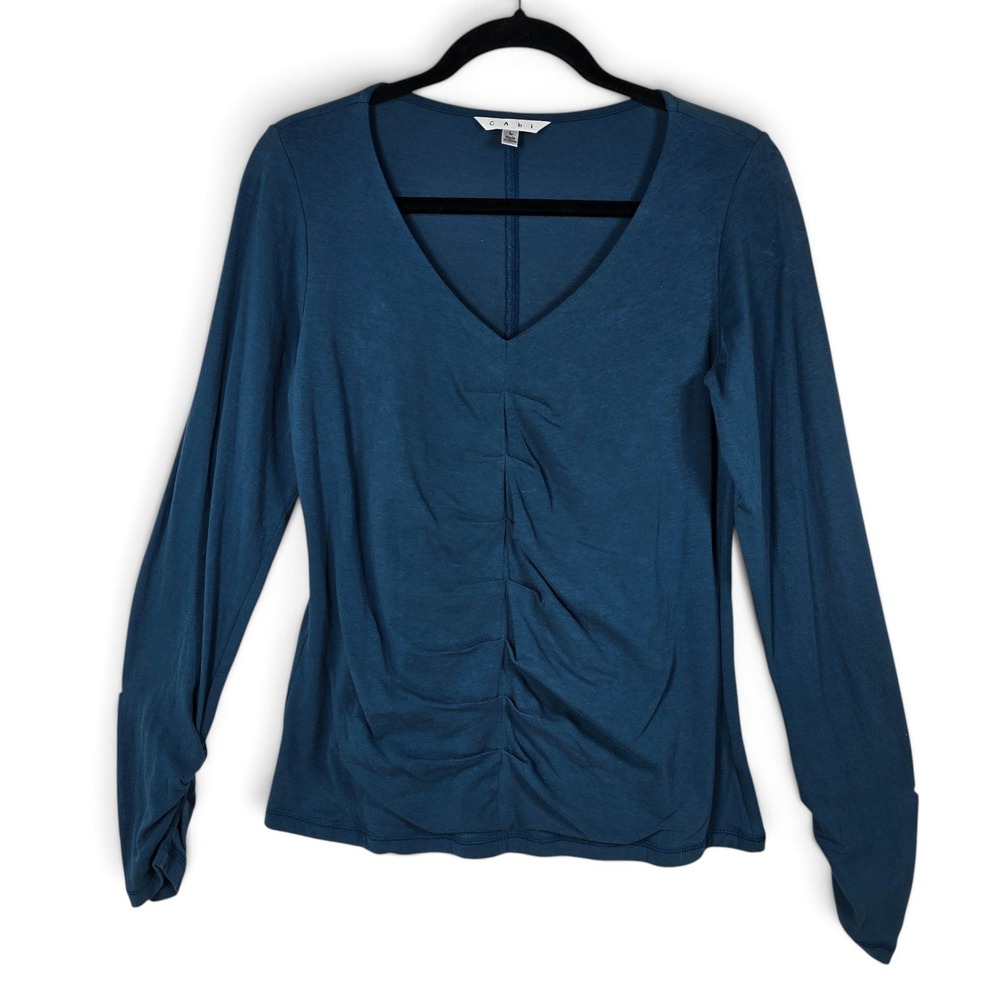 Cabi Top Women Large Teal Blue Ruched V-Neck Long Sleeve Cotton Stretch Knit EUC